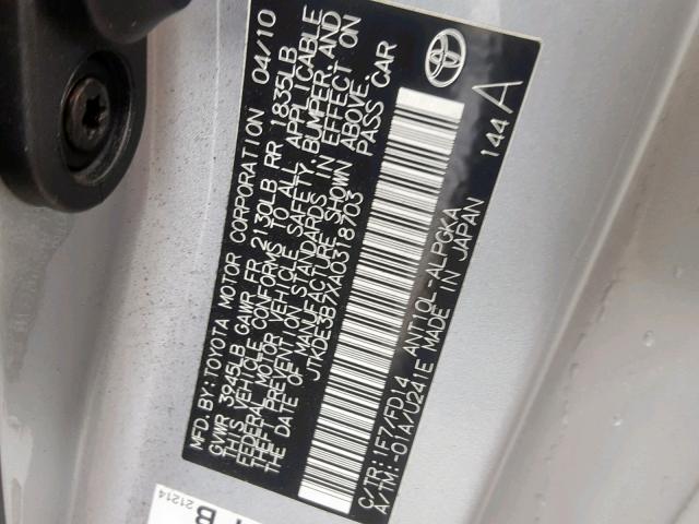 JTKDE3B7XA0318703 - 2010 TOYOTA SCION TC ნაცრისფერი ფოტო 10