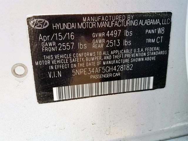 5NPE34AF5GH428182 - 2016 HYUNDAI SONATA SPO WHITE photo 10