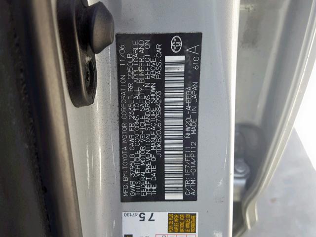 JTDKB20U677584293 - 2007 TOYOTA PRIUS SILVER photo 10