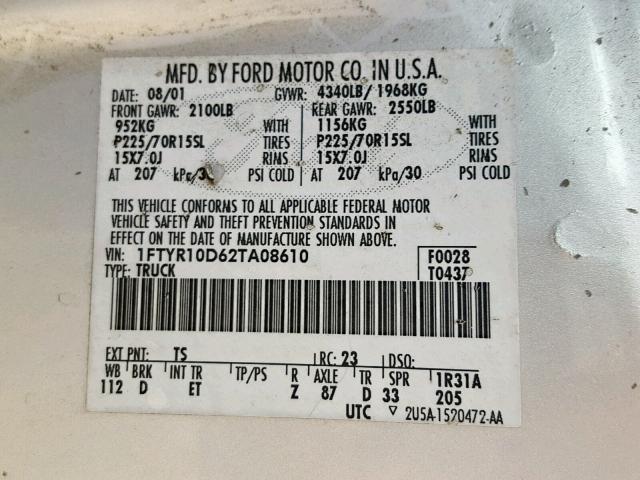 1FTYR10D62TA08610 - 2002 FORD RANGER SILVER photo 10