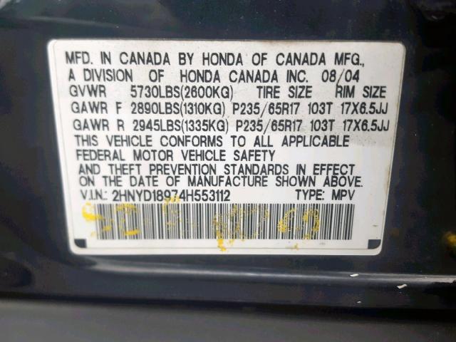 2HNYD18974H553112 - 2004 ACURA MDX TOURIN BLACK photo 10