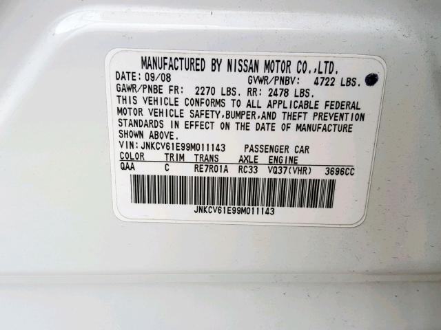 JNKCV61E99M011143 - 2009 INFINITI G37 BASE WHITE photo 10