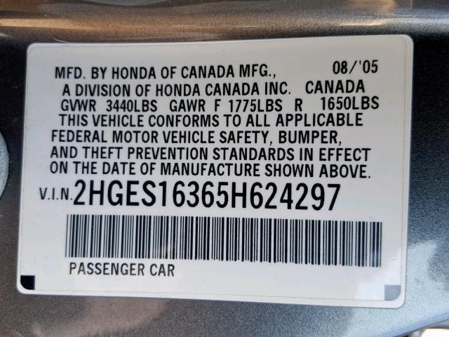 2HGES16365H624297 - 2005 HONDA CIVIC DX V GRAY photo 10