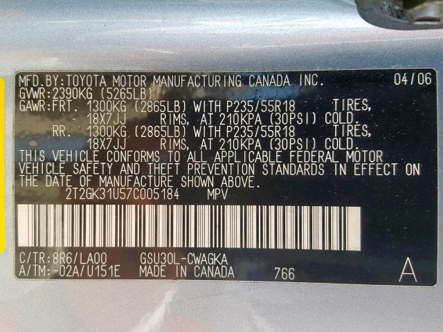 2T2GK31U57C005184 - 2007 LEXUS RX 350 BLUE photo 10