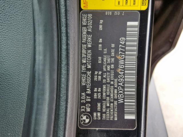 WBXPA93476WG77749 - 2006 BMW X3 3.0I BLACK photo 10