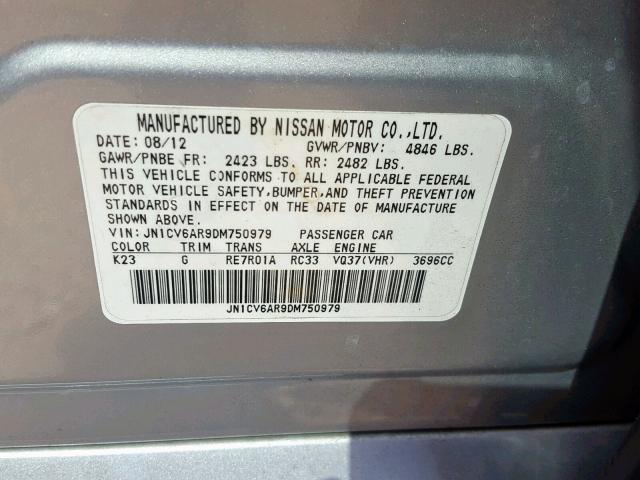 JN1CV6AR9DM750979 - 2013 INFINITI G37 SILVER photo 10