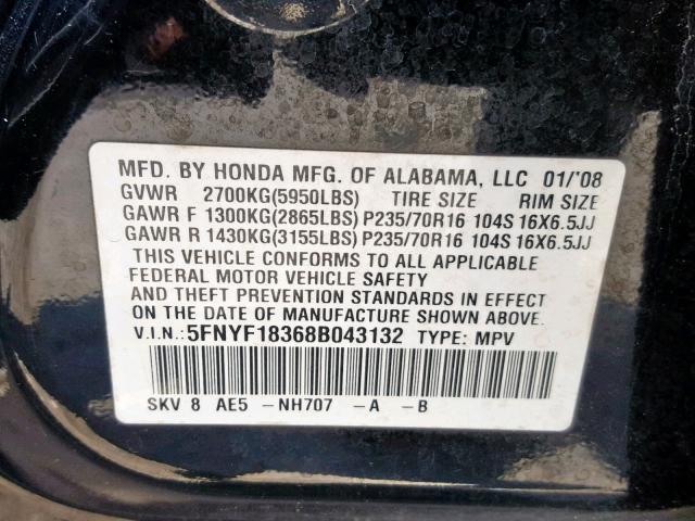 5FNYF18368B043132 - 2008 HONDA PILOT SE BLACK photo 10