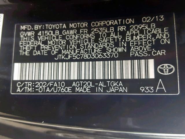 JTKJF5C78D3063370 - 2013 TOYOTA SCION TC BLACK photo 10