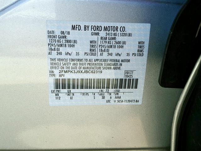 2FMPK3J9XJBC62319 - 2018 FORD EDGE SEL GRAY photo 10