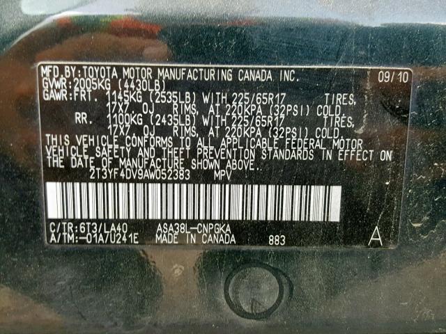 2T3YF4DV9AW052383 - 2010 TOYOTA RAV4 LIMIT BLACK photo 10