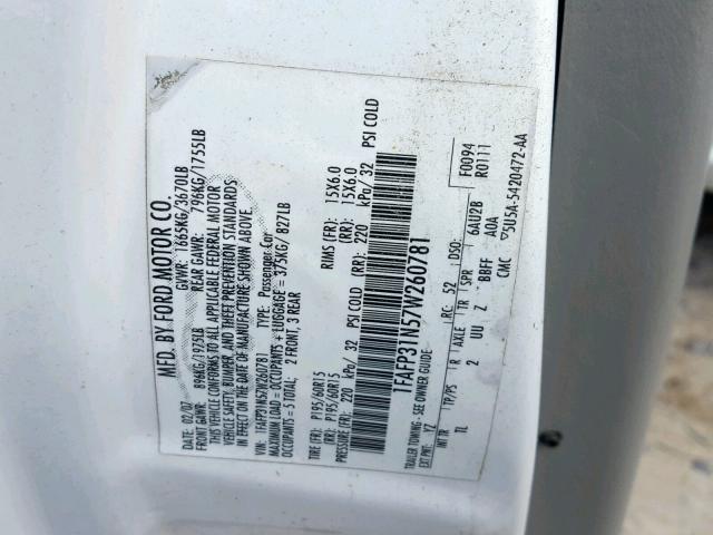 1FAFP31N57W260781 - 2007 FORD FOCUS ZX3 WHITE photo 10