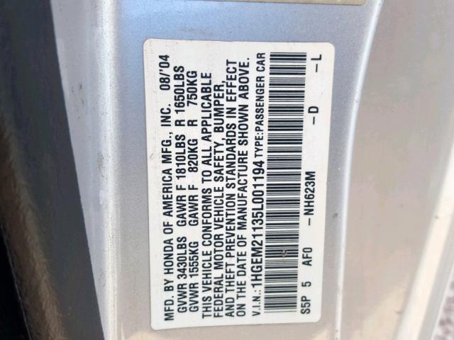 1HGEM21135L001194 - 2005 HONDA CIVIC DX V SILVER photo 10