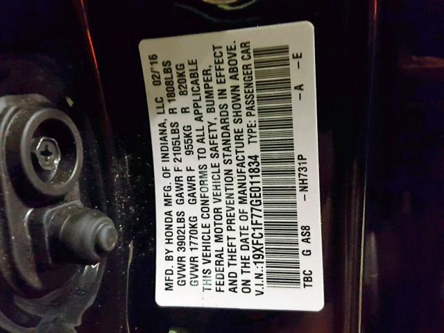 19XFC1F77GE011834 - 2016 HONDA CIVIC EXL BLACK photo 10