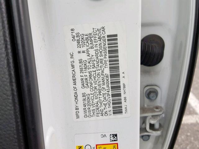 1HGCV3F43JA004387 - 2018 HONDA ACCORD HYB WHITE photo 10