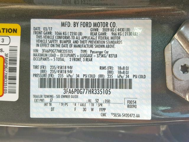 3FA6P0G77HR335105 - 2017 FORD FUSION S GRAY photo 10