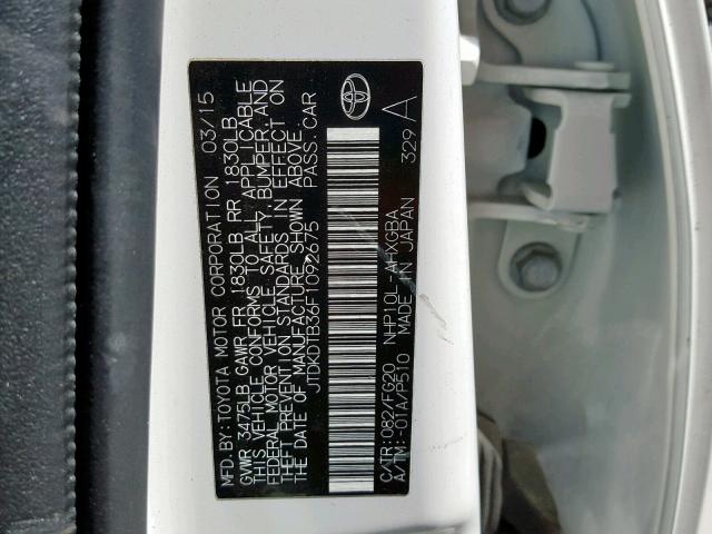 JTDKDTB36F1092675 - 2015 TOYOTA PRIUS C WHITE photo 10