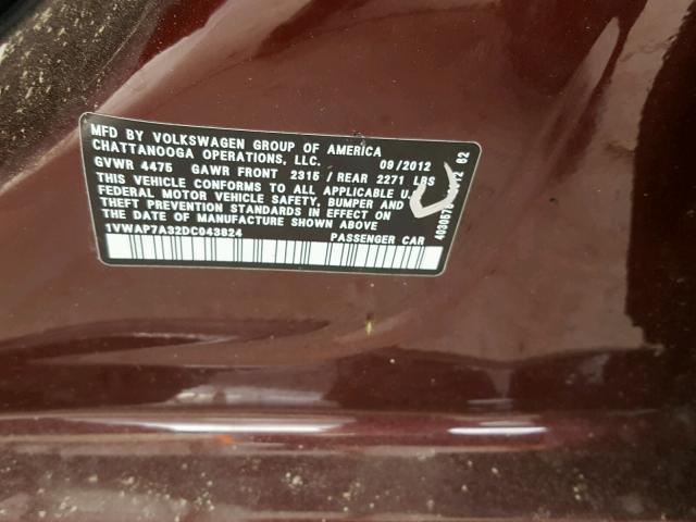 1VWAP7A32DC043824 - 2013 VOLKSWAGEN PASSAT S BURGUNDY photo 10