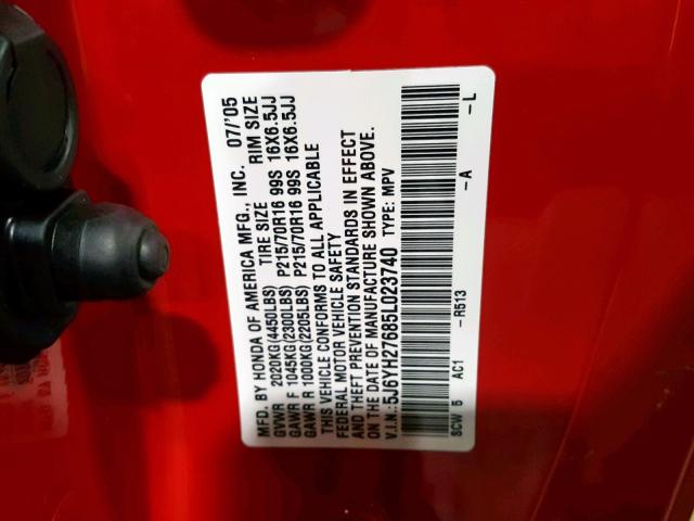 5J6YH27685L023740 - 2005 HONDA ELEMENT EX RED photo 10