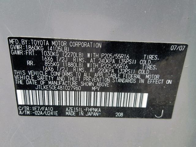 JTLKE50E481027960 - 2008 TOYOTA SCION SILVER photo 10