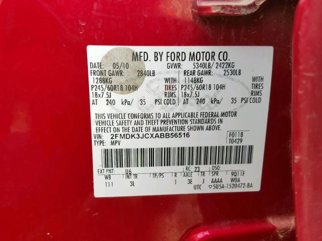 2FMDK3JCXABB56516 - 2010 FORD EDGE SEL RED photo 10