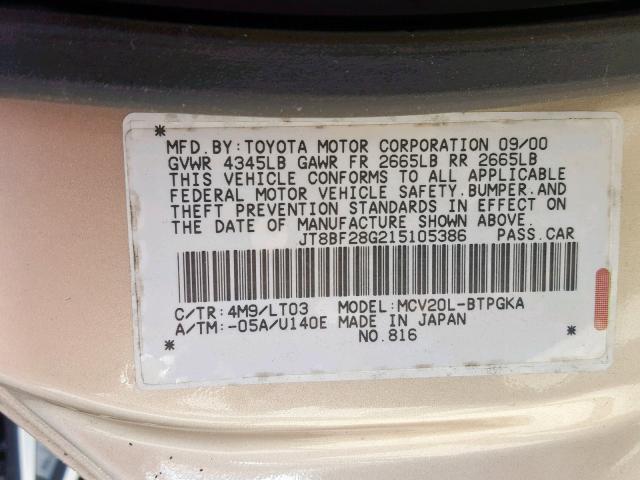 JT8BF28G215105386 - 2001 LEXUS ES 300 TAN photo 10