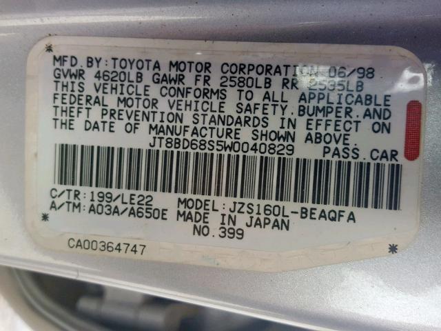 JT8BD68S5W0040829 - 1998 LEXUS GS 300 SILVER photo 10