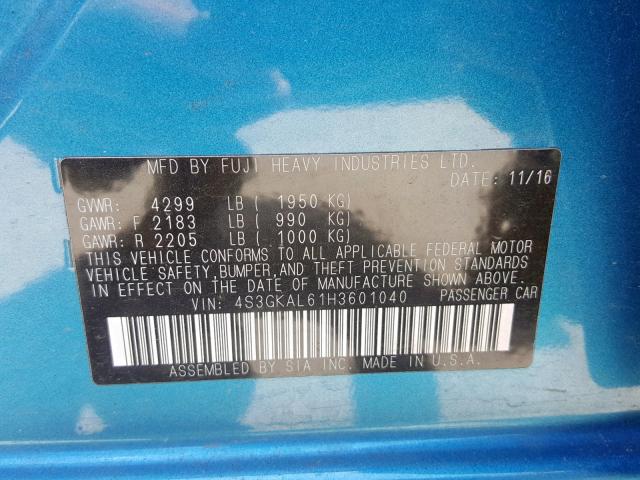 4S3GKAL61H3601040 - 2017 SUBARU IMPREZA SP BLUE photo 10