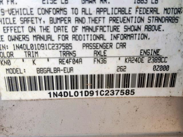 1N4DL01D91C237585 - 2001 NISSAN ALTIMA XE SILVER photo 10