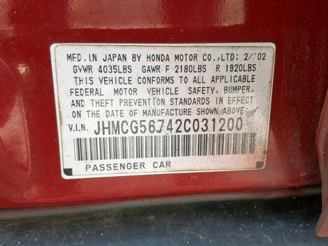 JHMCG56742C031200 - 2002 HONDA ACCORD SE RED photo 10