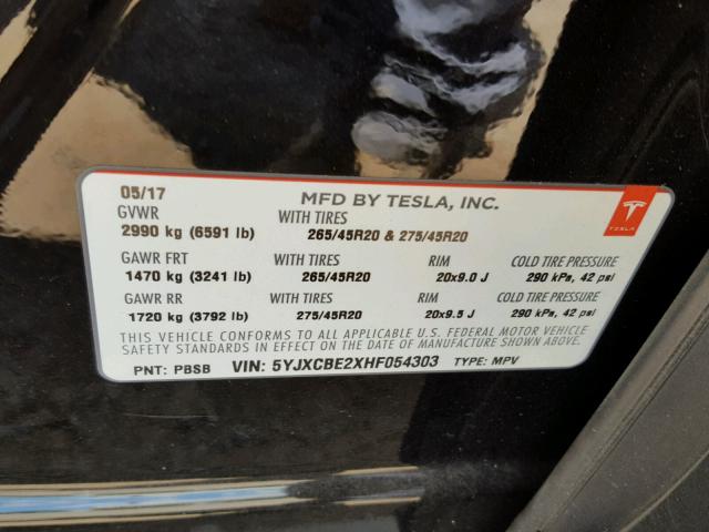 5YJXCBE2XHF054303 - 2017 TESLA MODEL X BLACK photo 10