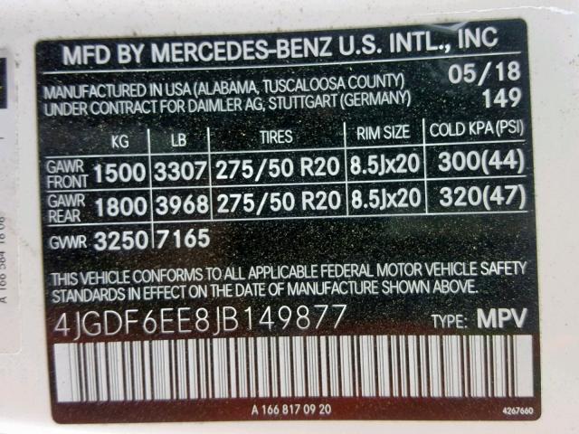 4JGDF6EE8JB149877 - 2018 MERCEDES-BENZ GLS 450 4M WHITE photo 10