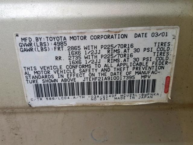 JTEHF21A910017395 - 2001 TOYOTA HIGHLANDER GOLD photo 10