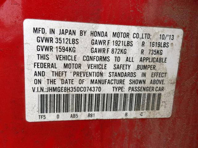 JHMGE8H35DC074370 - 2013 HONDA FIT RED photo 10