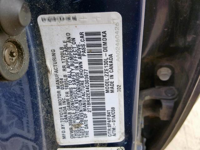 2T1BR32EX4C303677 - 2004 TOYOTA COROLLA CE BLUE photo 10