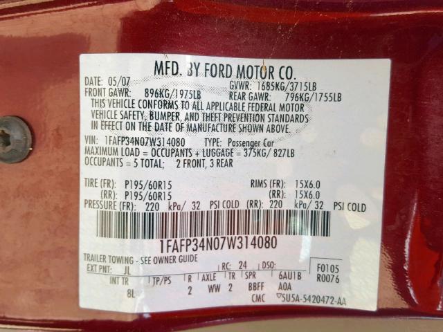 1FAFP34N07W314080 - 2007 FORD FOCUS ZX4 BURGUNDY photo 10