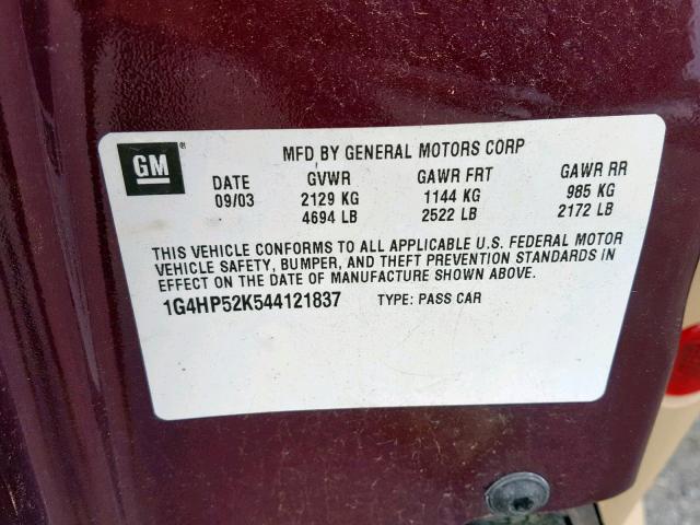 1G4HP52K544121837 - 2004 BUICK LESABRE CU BURGUNDY photo 10