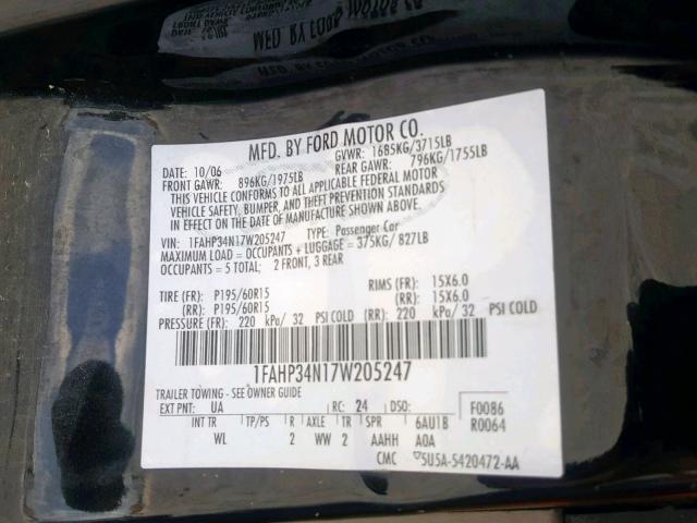 1FAHP34N17W205247 - 2007 FORD FOCUS ZX4 BLACK photo 10