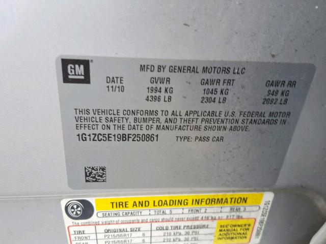 1G1ZC5E19BF250861 - 2011 CHEVROLET MALIBU 1LT SILVER photo 10