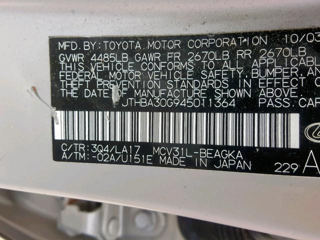 JTHBA30G945011364 - 2004 LEXUS ES 330 SILVER photo 10