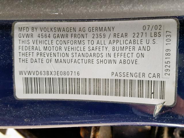 WVWVD63BX3E080716 - 2003 VOLKSWAGEN PASSAT GLS BLUE photo 10