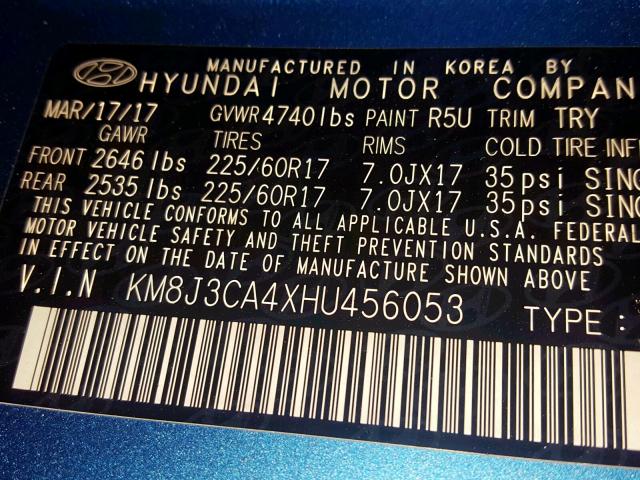 KM8J3CA4XHU456053 - 2017 HYUNDAI TUCSON LIM BLUE photo 10