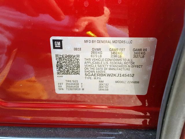 5GAERBKW2KJ145452 - 2019 BUICK ENCLAVE ES RED photo 10