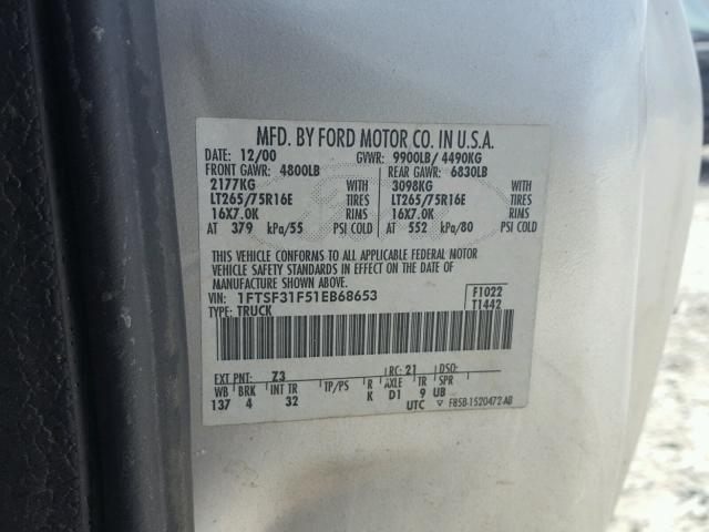 1FTSF31F51EB68653 - 2001 FORD F350 SRW S SILVER photo 10