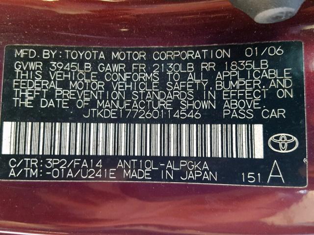JTKDE177260114546 - 2006 TOYOTA SCION TC BURGUNDY photo 10