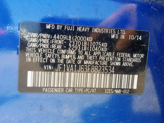 JF1VA1J63F8823534 - 2015 SUBARU WRX LIMITE BLUE photo 10