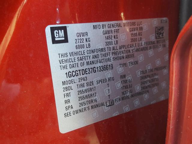 1GCGTDE37G1336619 - 2016 CHEVROLET COLORADO Z RED photo 10