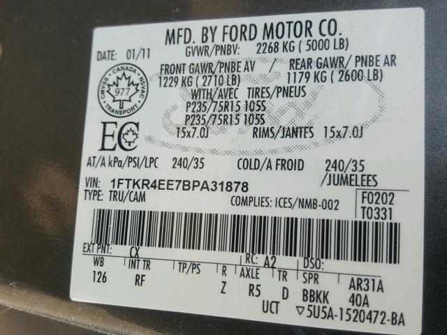 1FTKR4EE7BPA31878 - 2011 FORD RANGER SUP GRAY photo 10