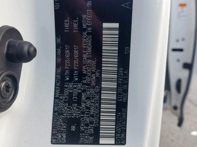 5TDYZ3DC0KS985169 - 2019 TOYOTA SIENNA LIM WHITE photo 10