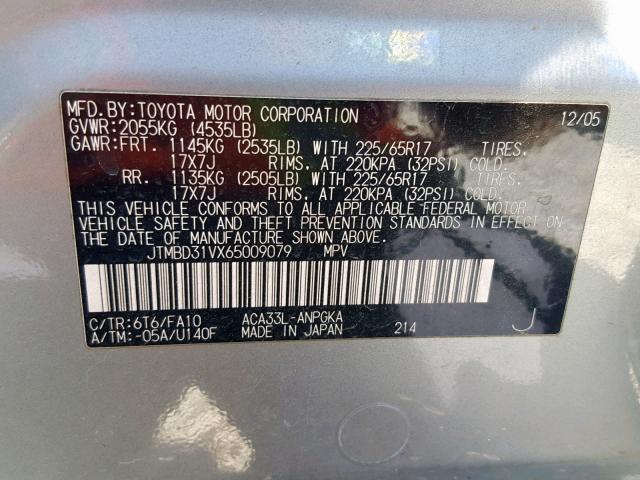 JTMBD31VX65009079 - 2006 TOYOTA RAV4 LIMIT SILVER photo 10