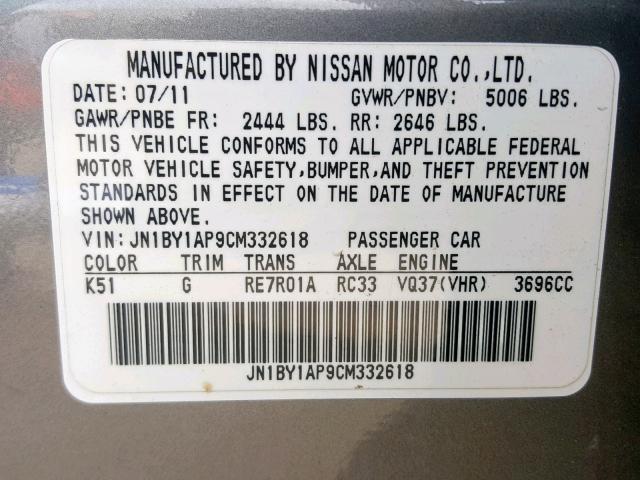 JN1BY1AP9CM332618 - 2012 INFINITI M37 GRAY photo 10